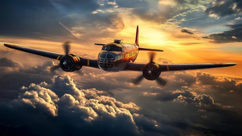 Twin‑engine propeller aircraft crosses cloud field at sunset