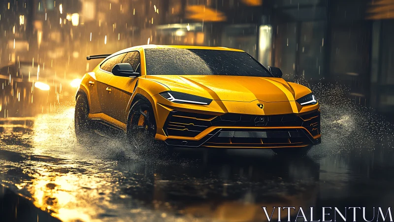 Yellow super SUV cuts through neon rain soaked city street.