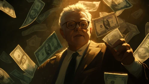 Older businessman under falling cash in warm dramatic light.