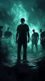 Rock band silhouettes in teal mist and reflective water.