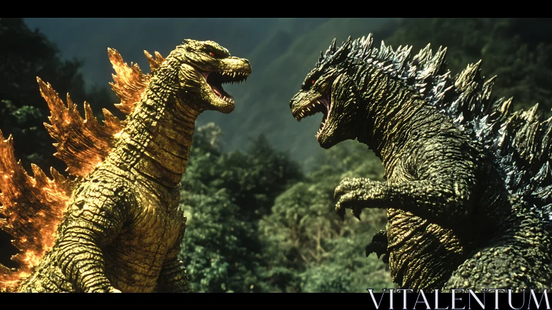 Two detailed kaiju creatures facing off in a forested valley