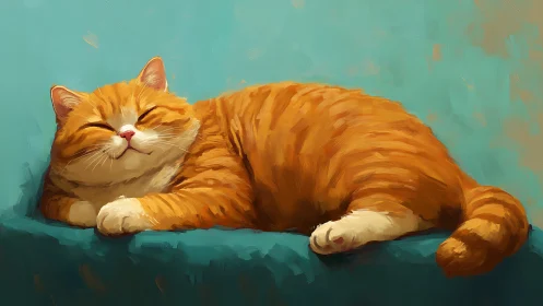 Ginger Cat Resting on Turquoise Surface