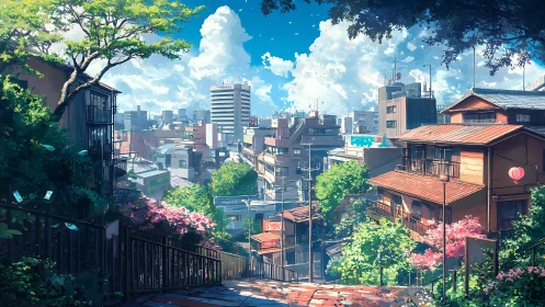 Sunlit hillside alleyway overlooks a vibrant Tokyo neighborhood.
