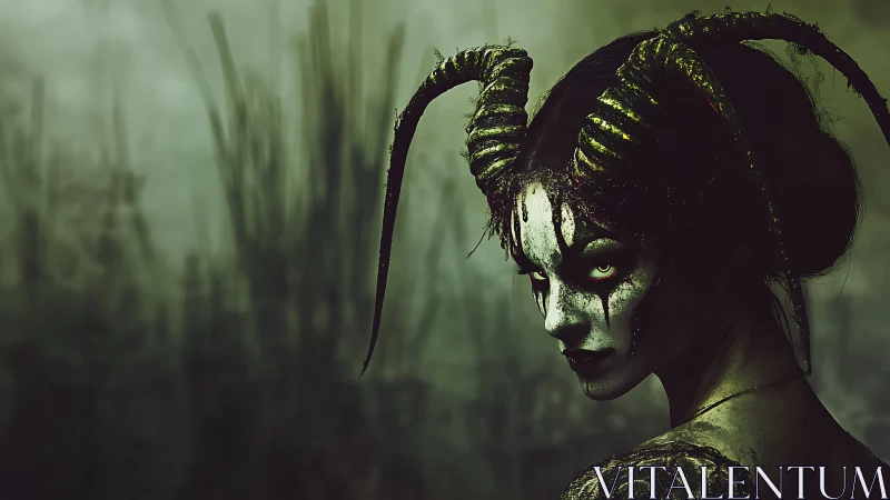 Horned humanoid figure stands in a dim, foggy environment