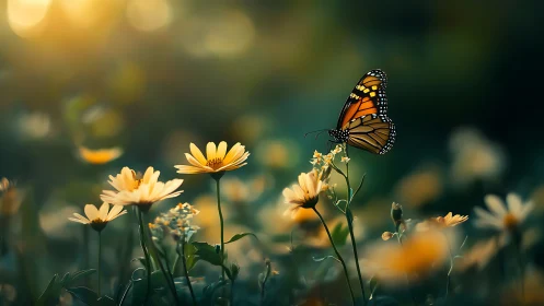 Monarch butterfly rests on sunlit yellow wildflower at dusk