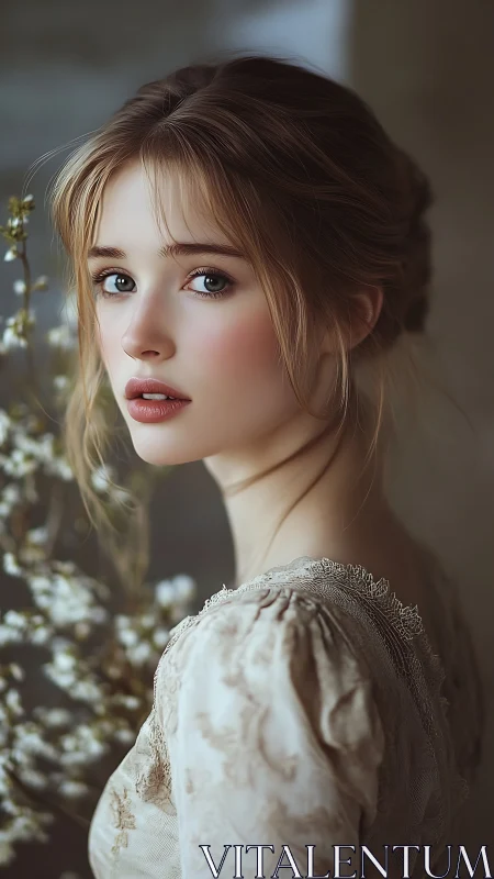 Digital painting portrait with soft bokeh and floral detailing.