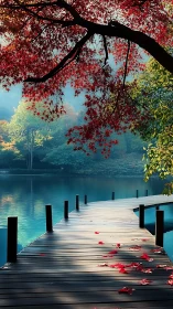 Crimson leaves escort a quiet pier into turquoise silence