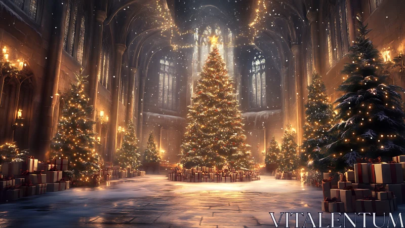 Grand cathedral Christmas trees glow in softly falling snow