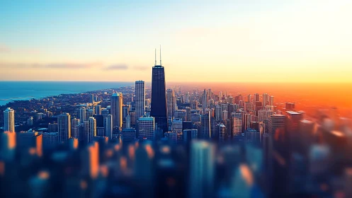 Sunlit modern skyline over coastal metropolis at dusk.