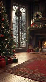Cozy Christmas living room glows beside a snowy window.