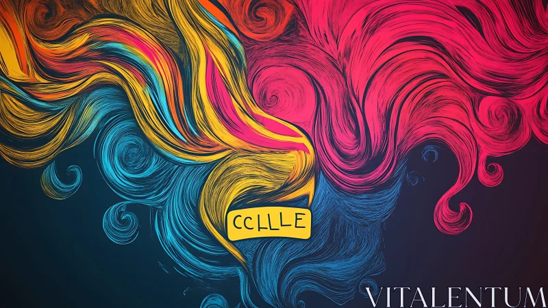 Vibrant digital swirls frame bold central label text block.