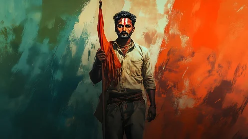 Defiant man with red flag against bold tricolor backdrop.