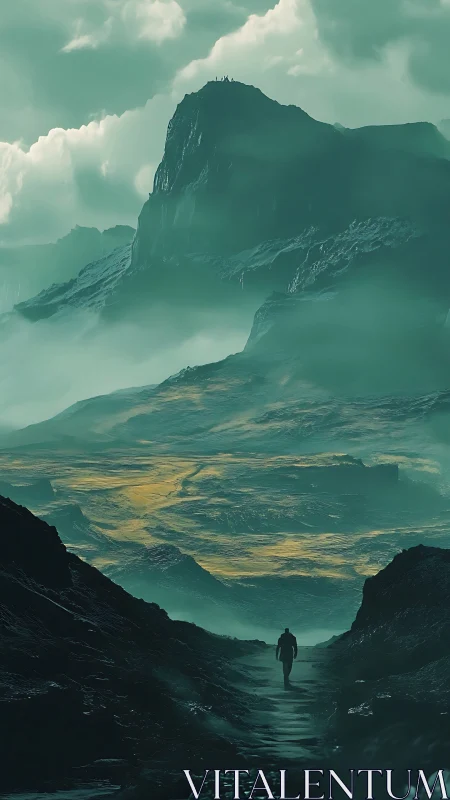 Solitary figure walks through misted valley beneath steep peak