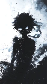 High-contrast monochrome anime silhouette with chaotic ink clouds