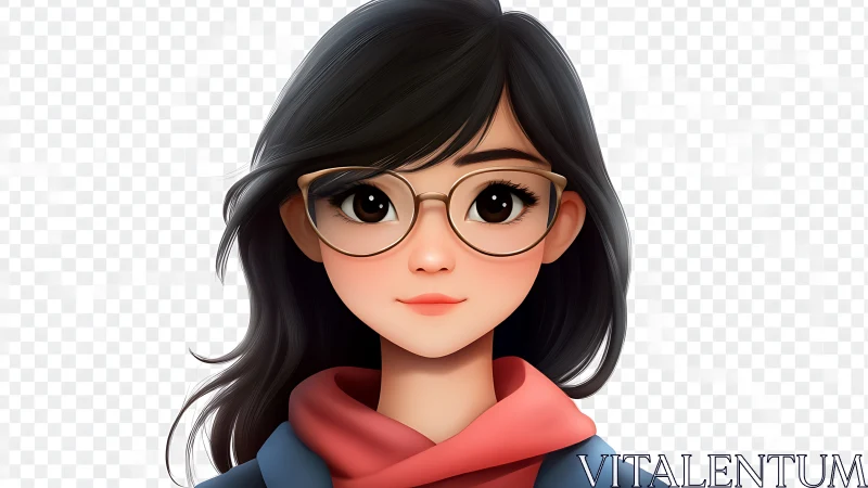 Animated girl with glasses in digital art style, clear background.