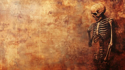 Digital painting of skeletal figure against distressed umber field.