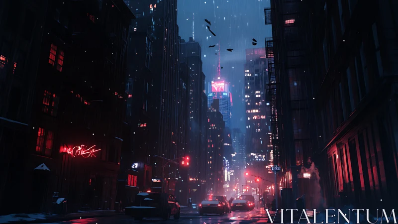 Midnight rain stitches neon veins through a brooding city