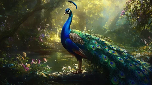 Majestic Peacock in Enchanted Forest, Vibrant Digital Art Style.