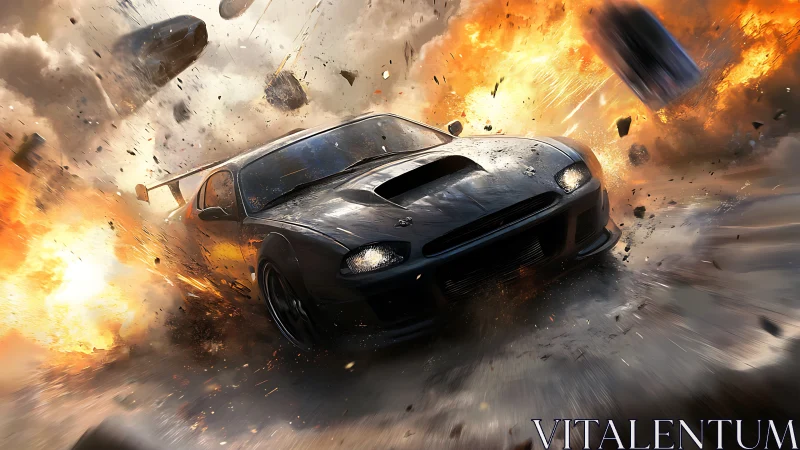 Armored sports car bursts through explosive debris cloud at speed