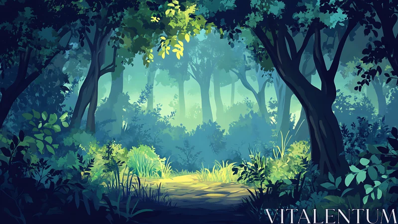 Luminous forest clearing illuminated by golden sunlight