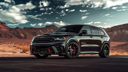 Sporty black SUV glowing against wide open desert skies.
