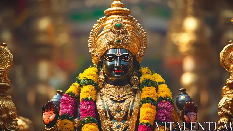 Gilded deity crowned in marigolds and mystic temple glow.