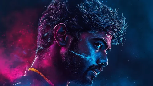 Moody neon portrait of a young man lost in vivid color.