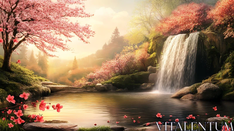 Digital painting of spring waterfall in luminous blossom glade.