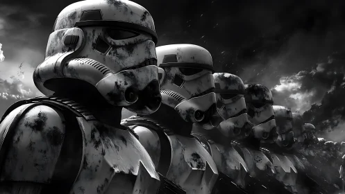 Armored sci-fi soldiers align under storm-heavy monochrome sky