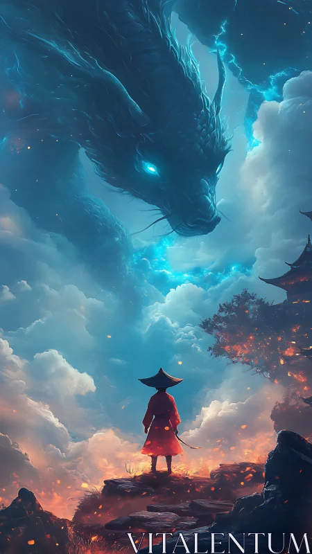 Atmospheric confrontation of robed wanderer and luminous sky-dragon.