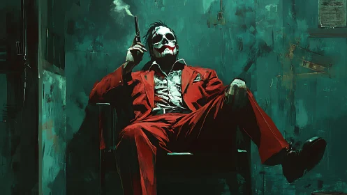 Masked gunman in red suit reclines in chiaroscuro teal chamber