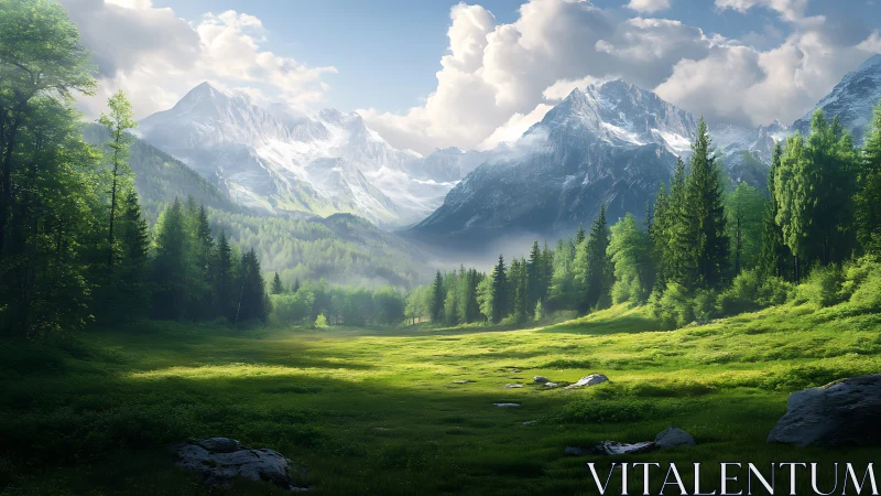 Sunlit alpine meadow dreaming beneath crystal mountain crowns.