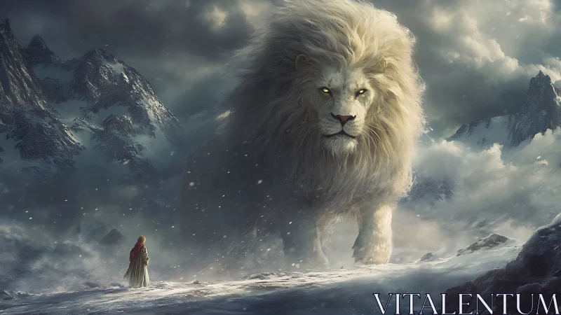 Colossal winter lion guarding a lone wanderer in snowstorm.