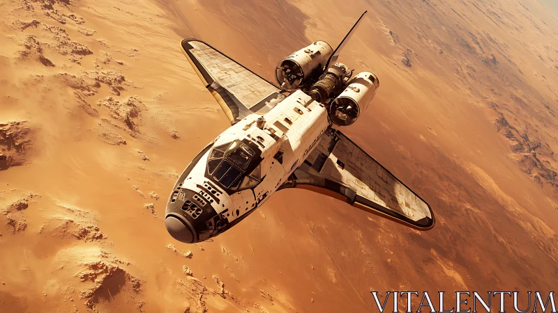 Orbital shuttle glides above a rust-gold Martian desertscape.
