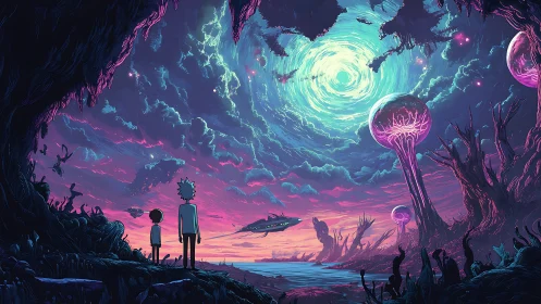 Stargazing explorers under a swirling neon alien sky.