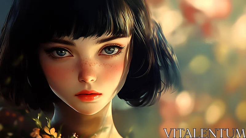 Digital portrait shows stylized young woman with short dark hair