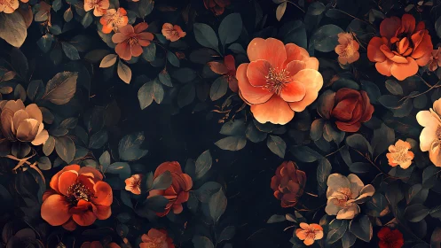 Romantic Florals. Dark Blooms Against Deep Background.