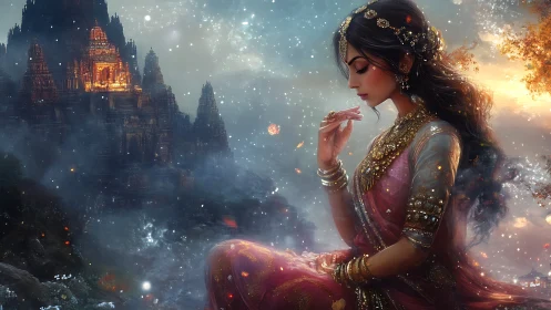 Starlit temple dream with jeweled goddess in quiet reverie.