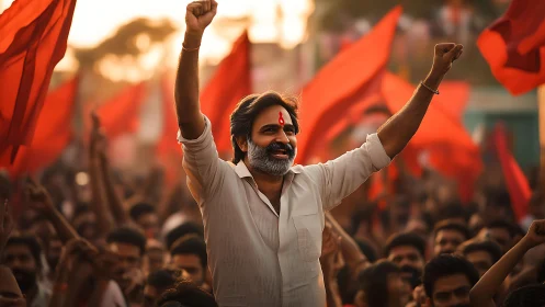 Photorealistic political rally portrait with red flag geometry.