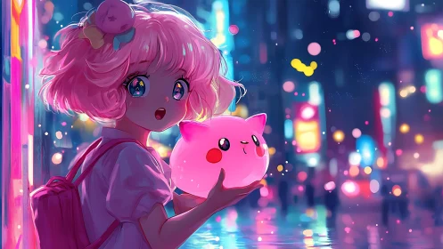 Pink haired girl with glowing plush in dreamy neon city.