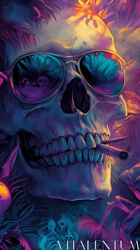 Neon tropical skull in sunglasses radiates eerie nightlife glow