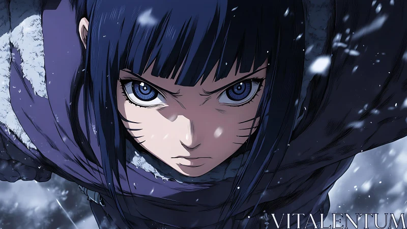 Intense blue eyed anime girl in close up winter action shot.