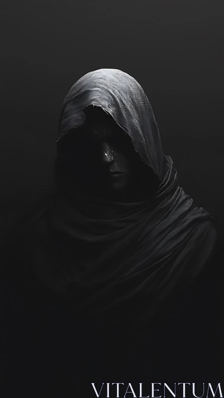Shrouded hooded figure emerging from deep monochrome shadows.