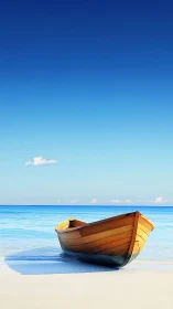 Sunlit wooden boat rests quietly on a calm blue shore