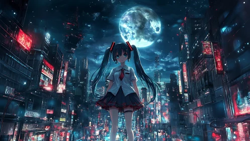 Cyberpunk schoolgirl stands under luminous neon moonlit city.