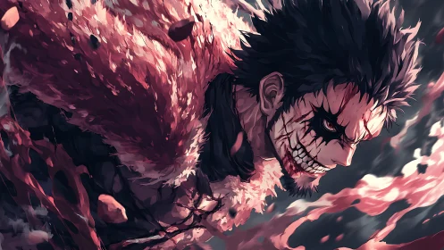 Fierce anime warrior racing forward in a storm of power.