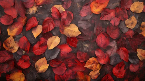 Crimson and gold autumn foliage on deep textured ground.