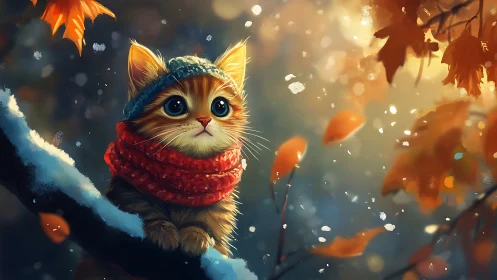 Adorable Cat in Winter Scarf Among Autumn Leaves and Snow