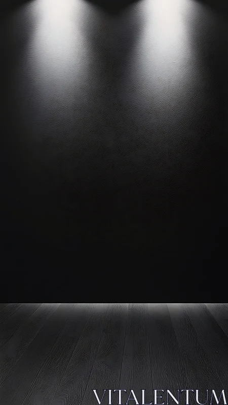 Dual overhead spotlights on dark textured gallery wall.