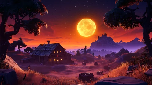Lunar-dominant stylized valley with rustic cabin illumination.